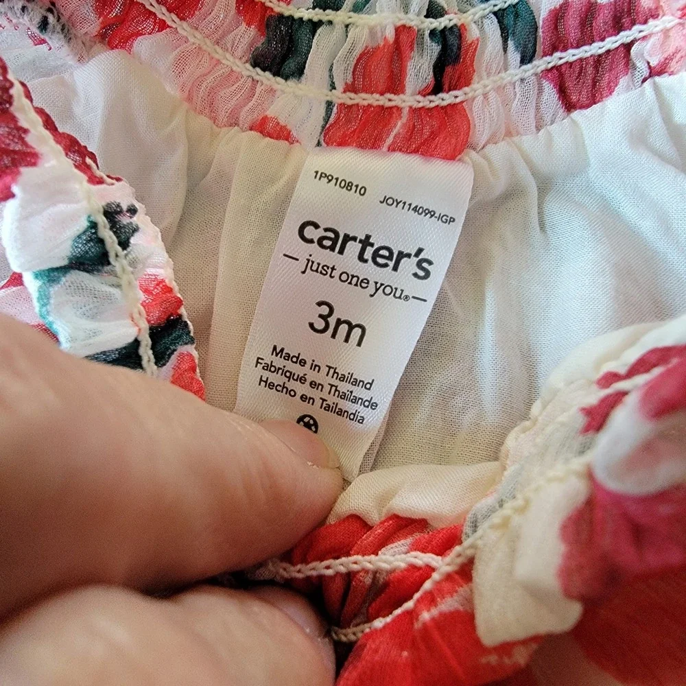 Carter's Floral Dress Baby Girls 3M White Red Excellent Long Sleeve Chiffon 724